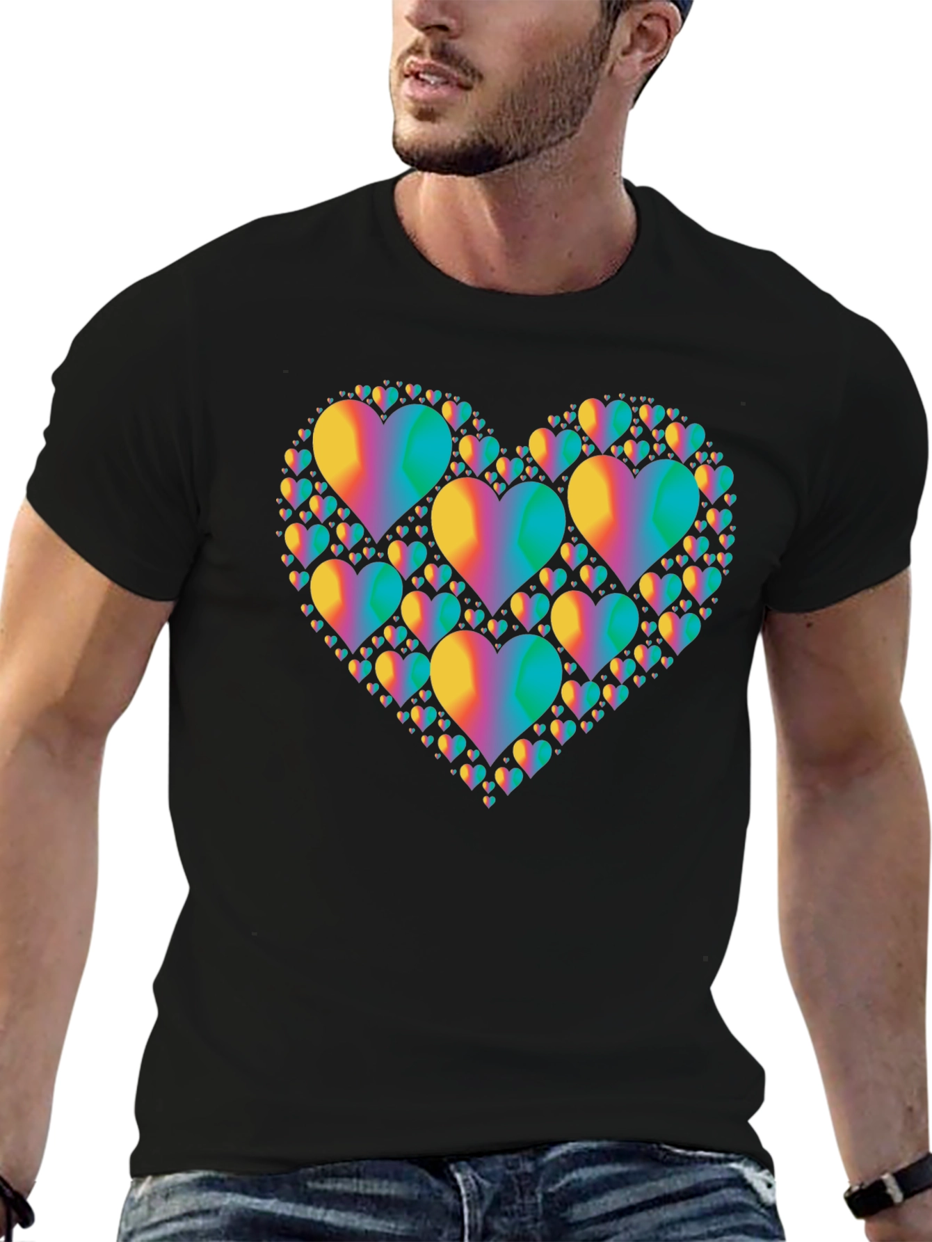 Rainbow Heart Cluster Graphic Tee - Black Cotton T-Shirt