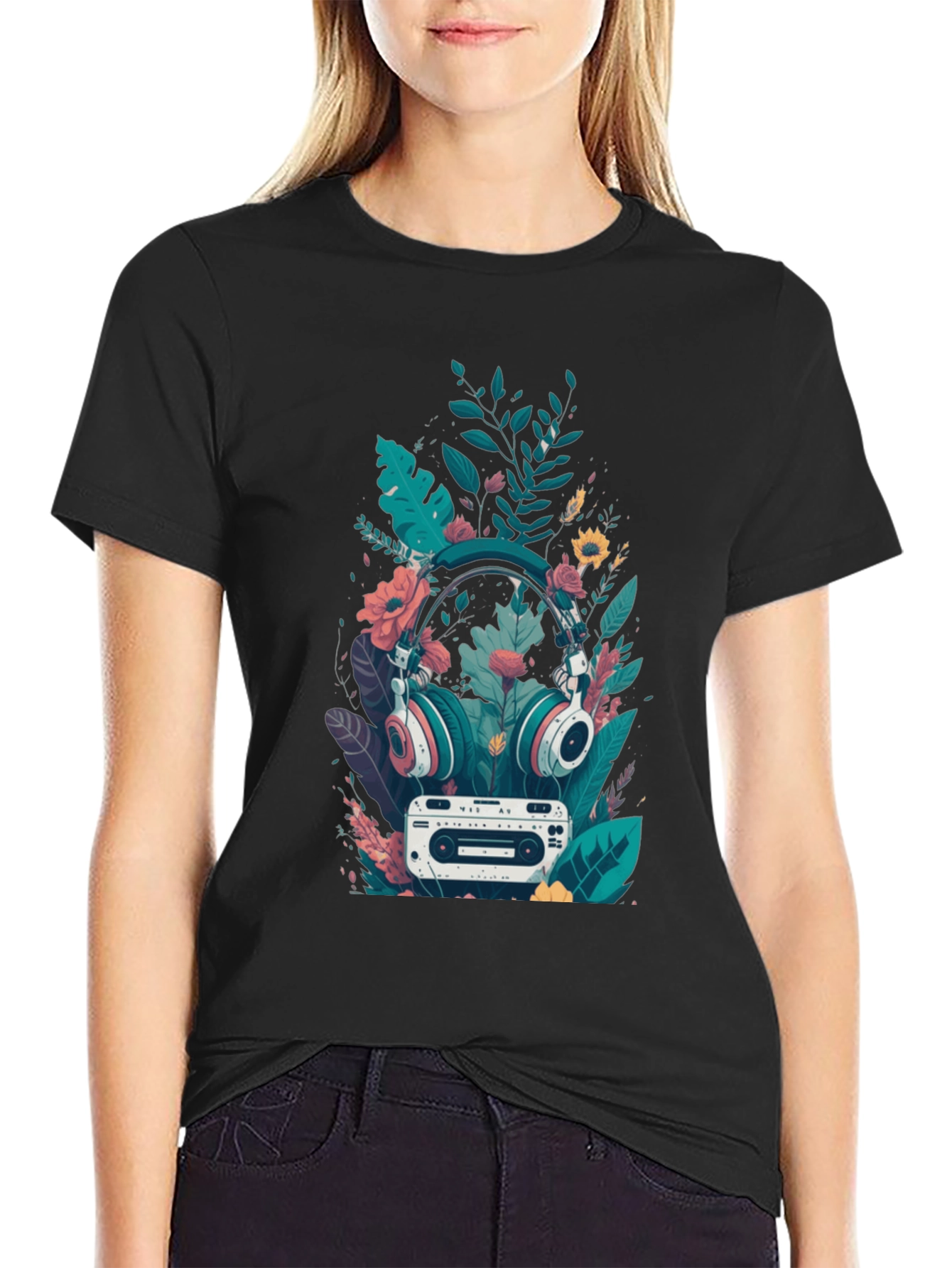 Retro Vibes Graphic Tee - Headphones & Cassette