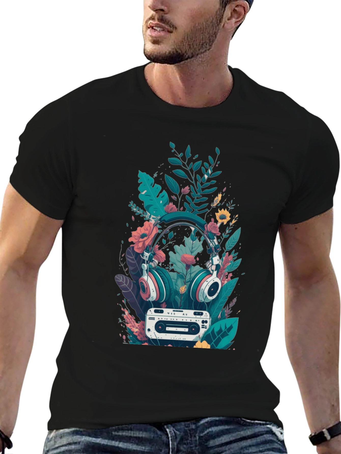 Retro Vibes Graphic Tee - Headphones & Cassette