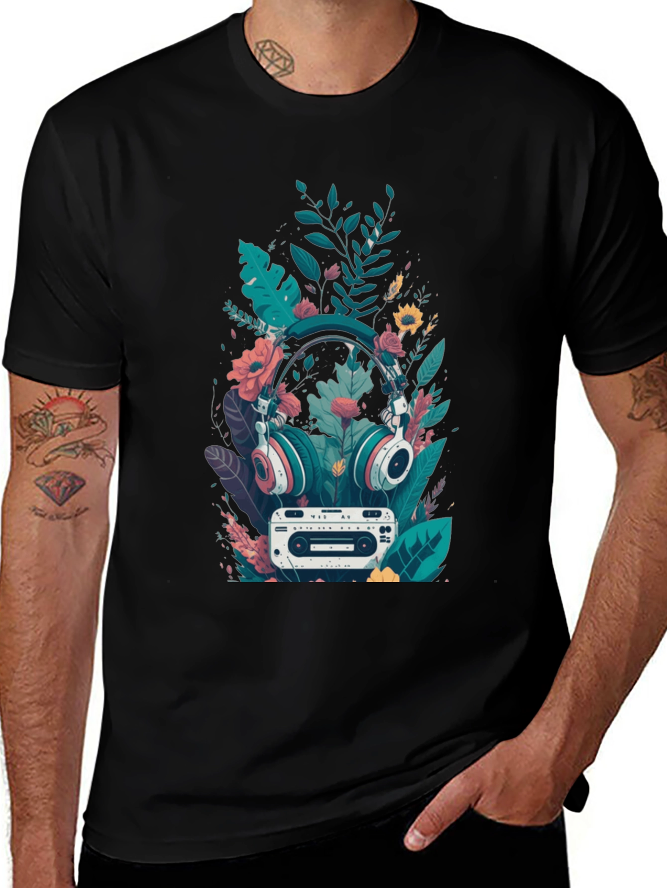 Retro Vibes Graphic Tee - Headphones & Cassette