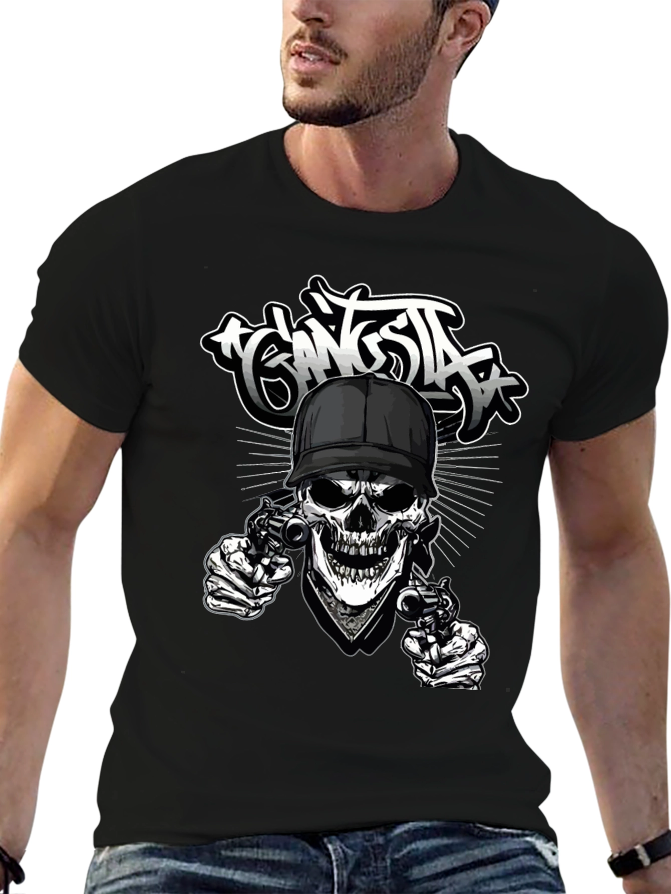 Gangsta Skull Graphic Print Black T-Shirt