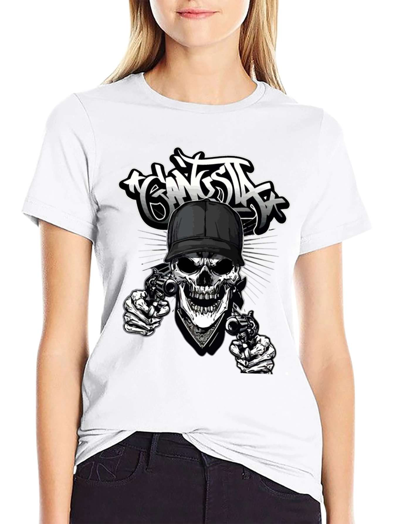 Gangsta Skull Graphic Print Black T-Shirt