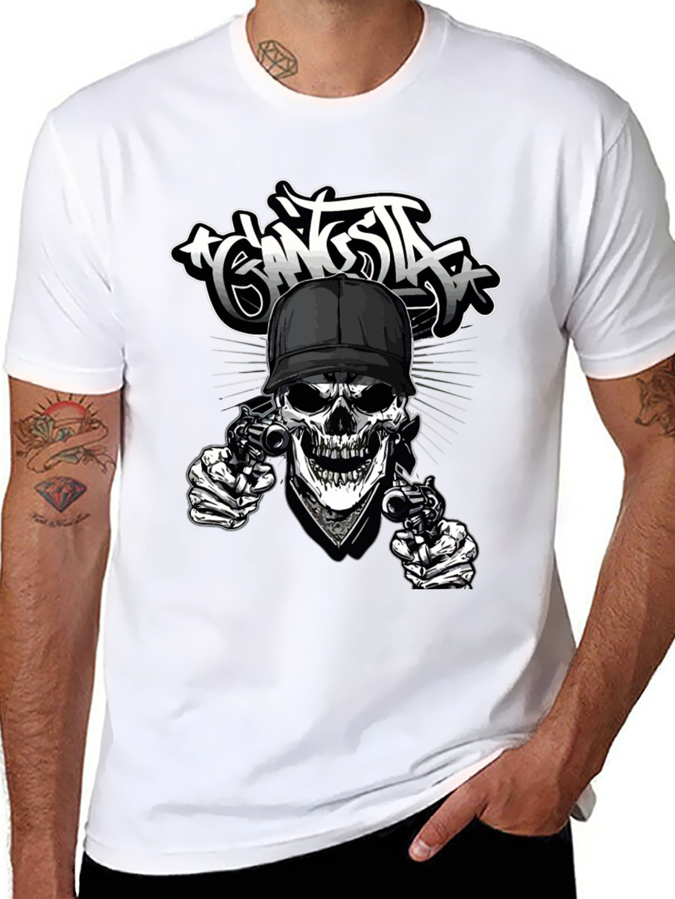 Gangsta Skull Graphic Print Black T-Shirt