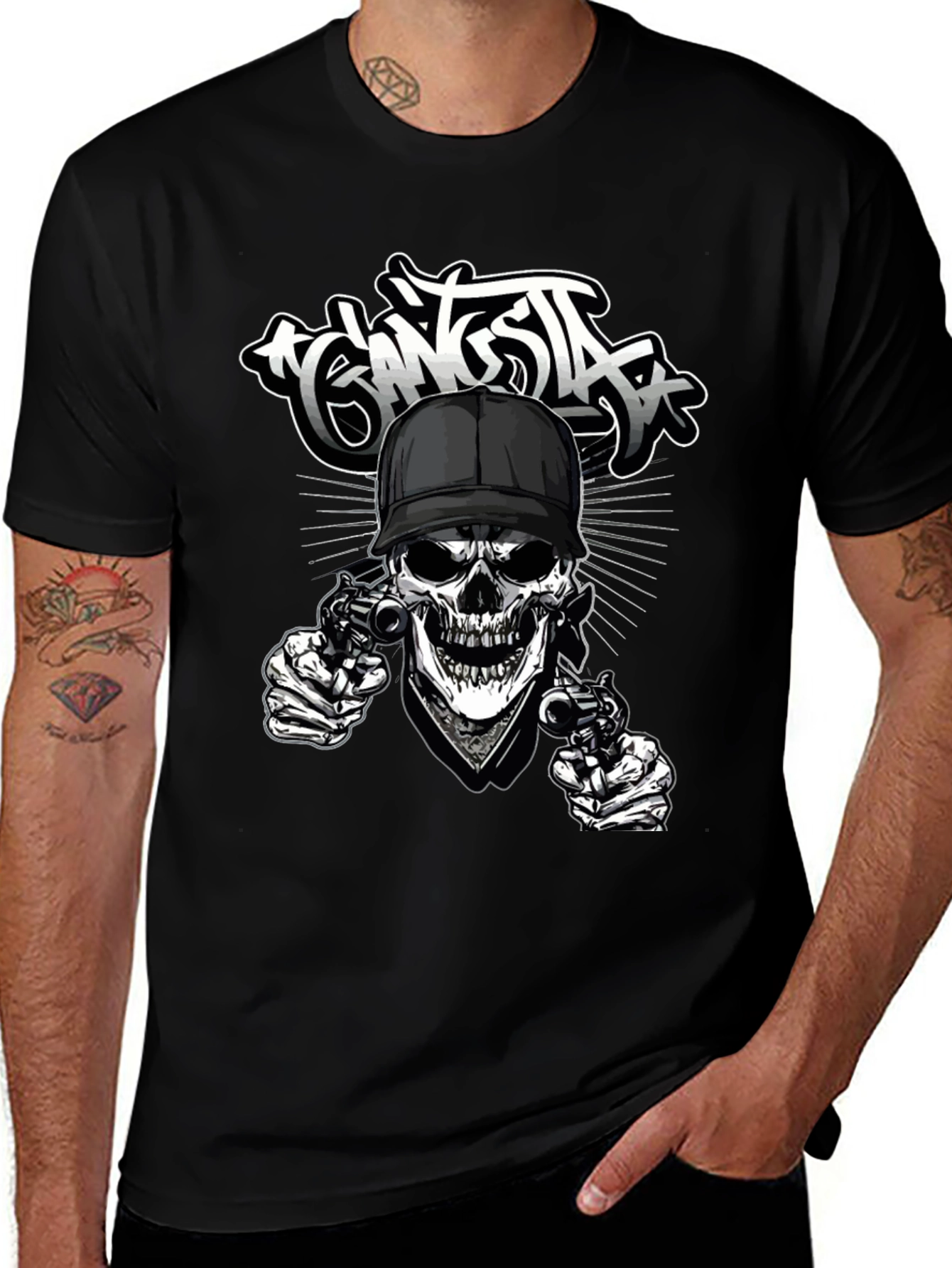 Gangsta Skull Graphic Print Black T-Shirt