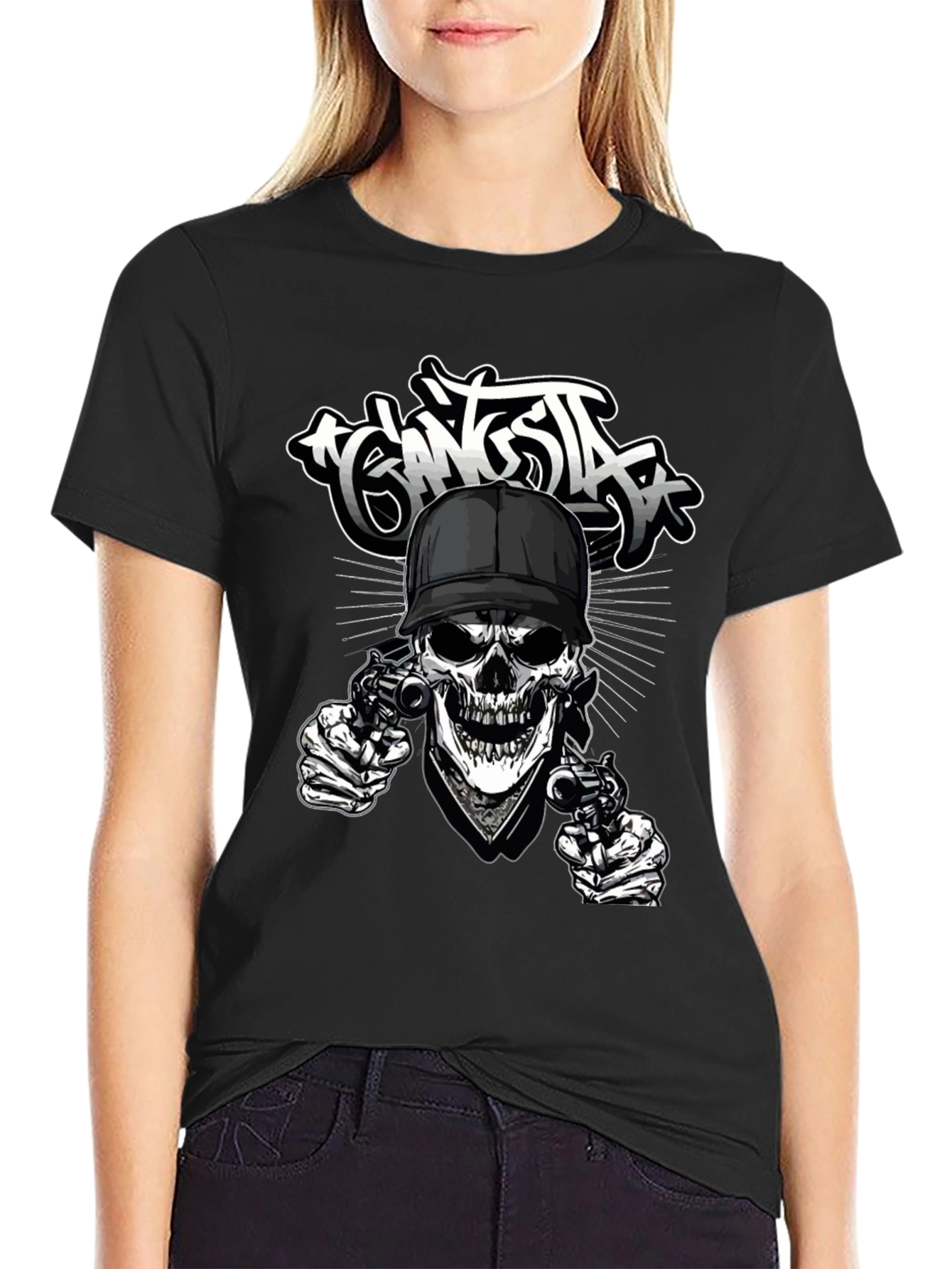 Gangsta Skull Graphic Print Black T-Shirt