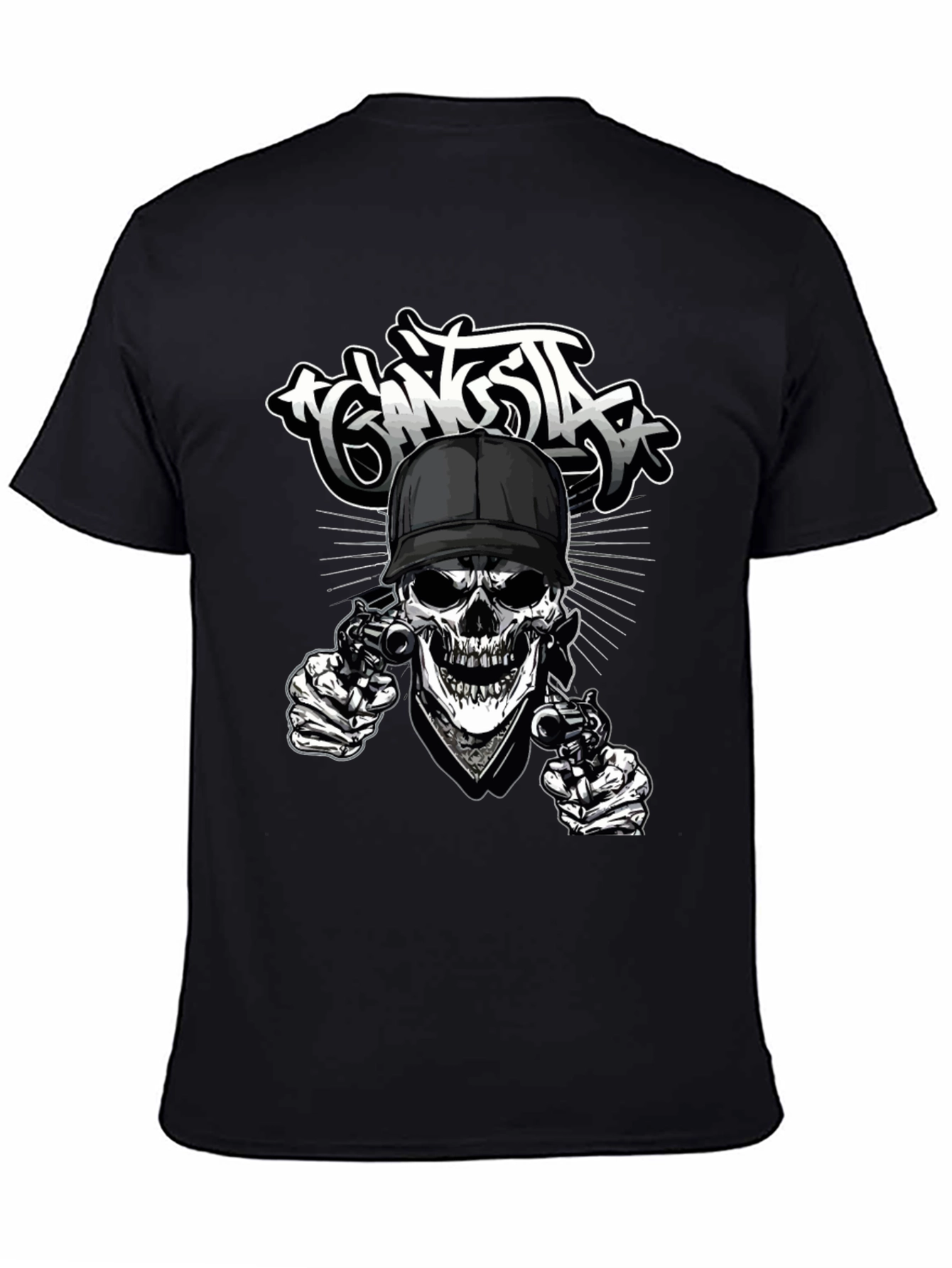 Gangsta Skull Graphic Print Black T-Shirt