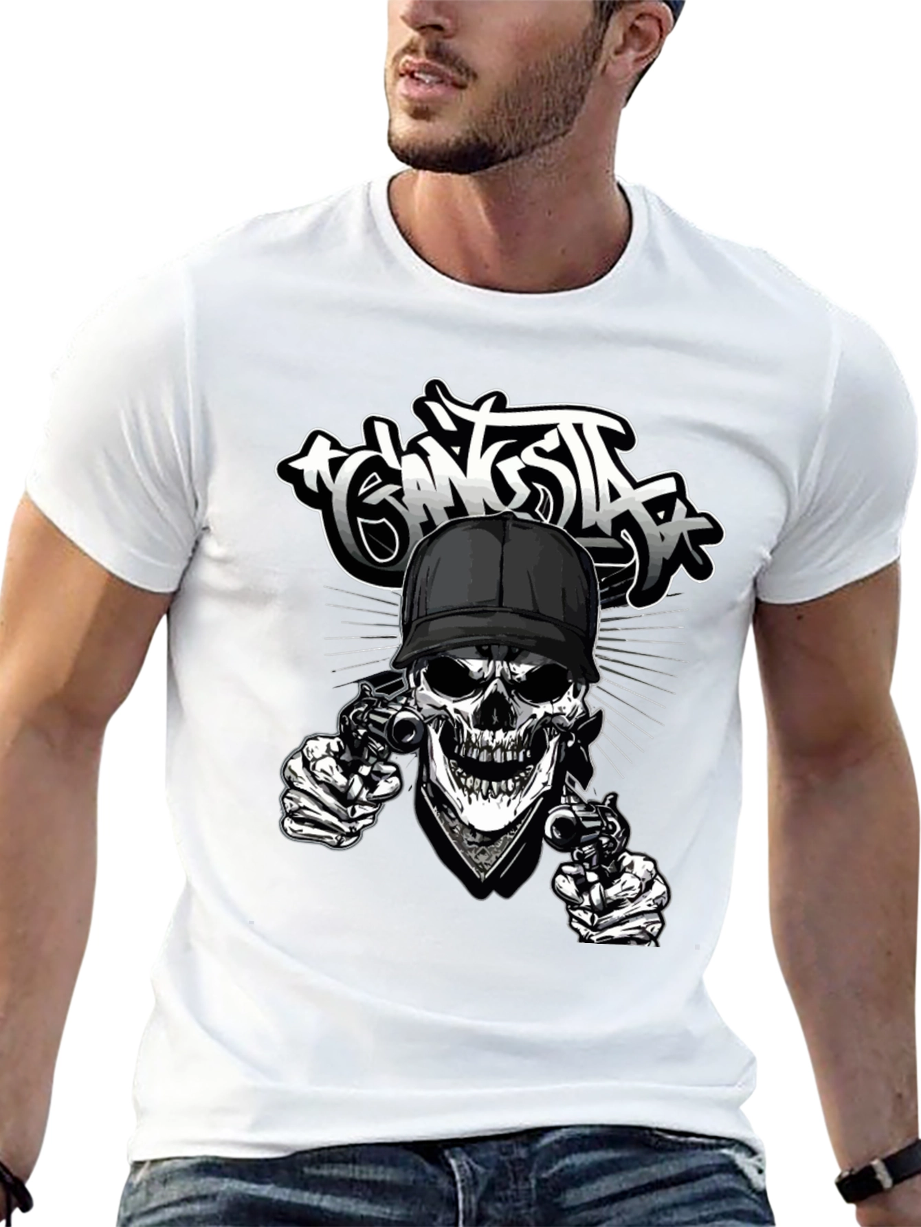 Gangsta Skull Graphic Print Black T-Shirt