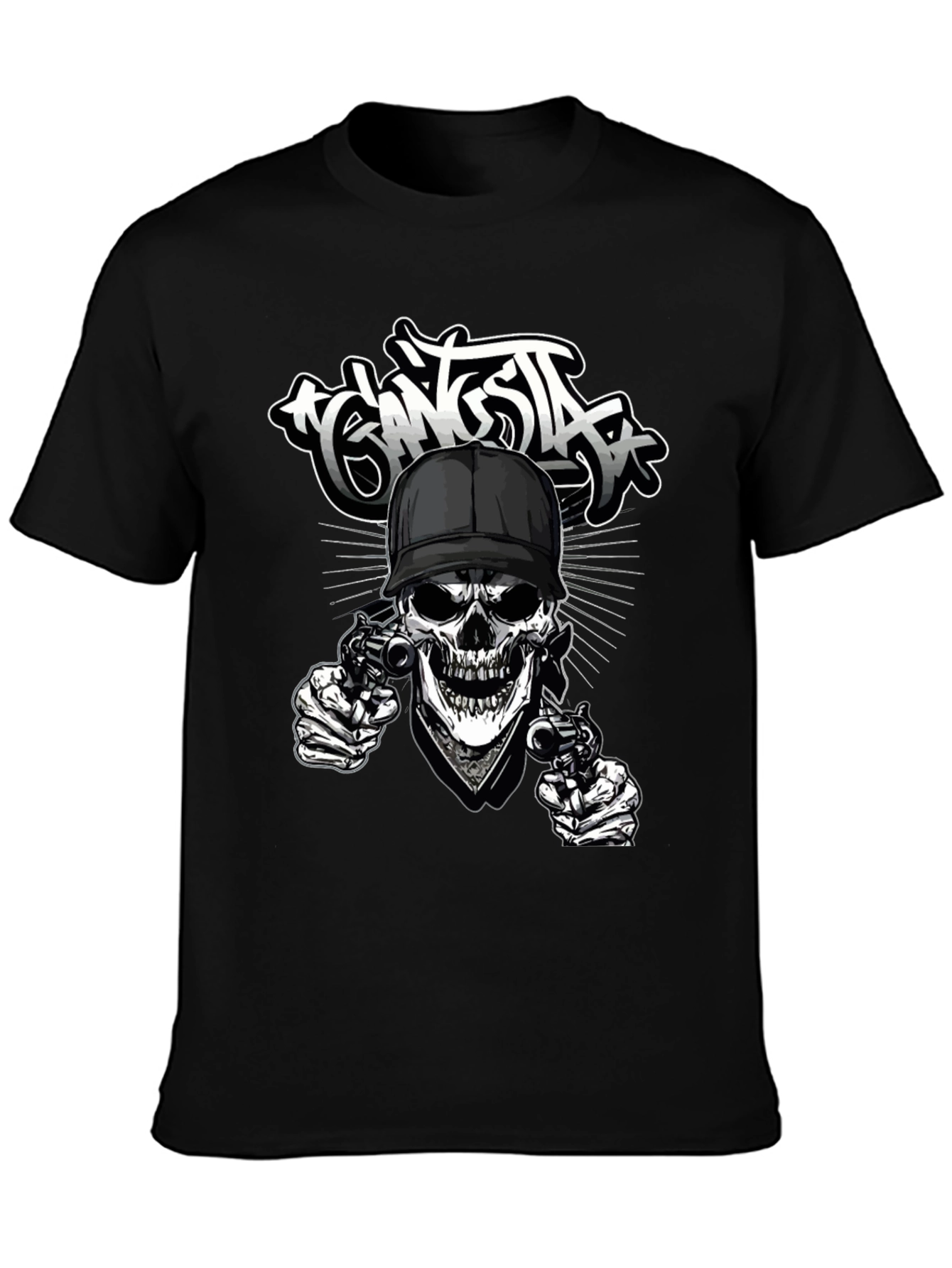 Gangsta Skull Graphic Print Black T-Shirt