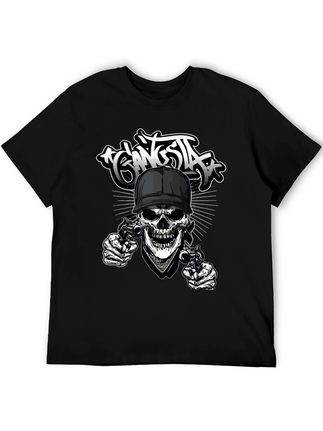 Gangsta Skull Graphic Print Black T-Shirt
