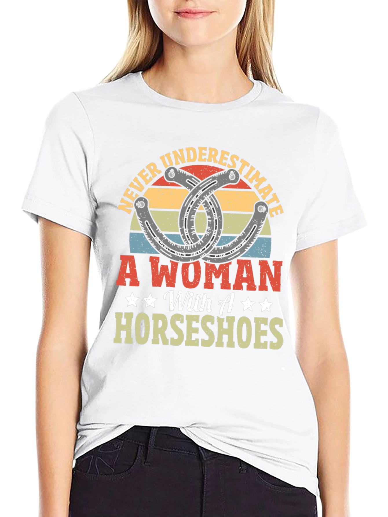 Never Underestimate A Woman with Horseshoes Graphic Tee