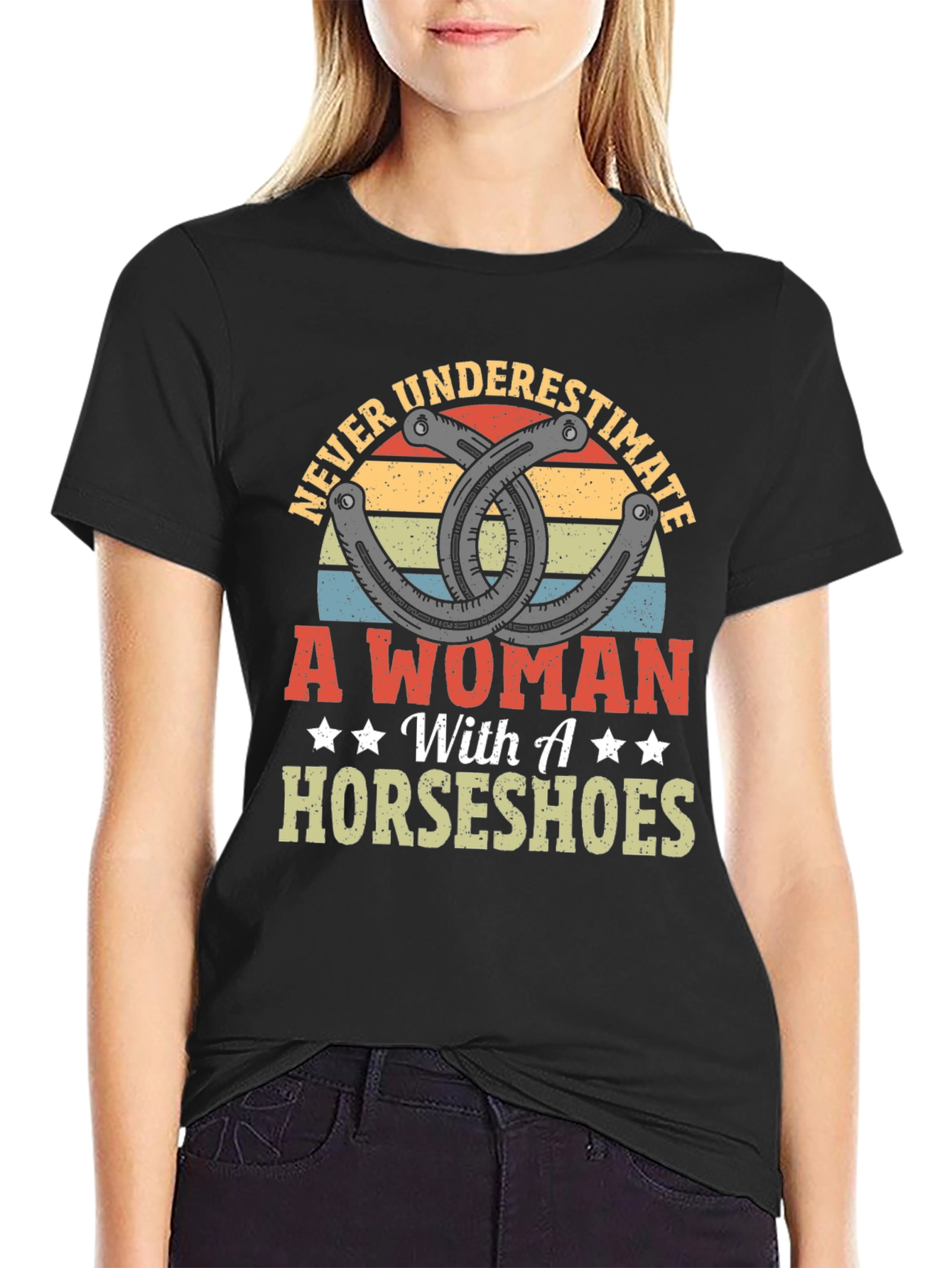Never Underestimate A Woman with Horseshoes Graphic Tee