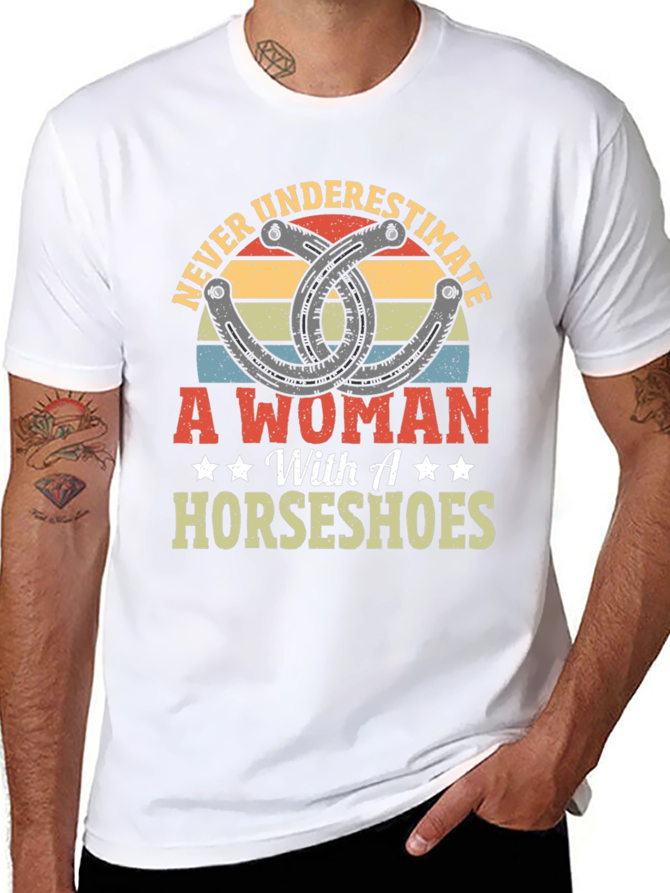 Never Underestimate A Woman with Horseshoes Graphic Tee