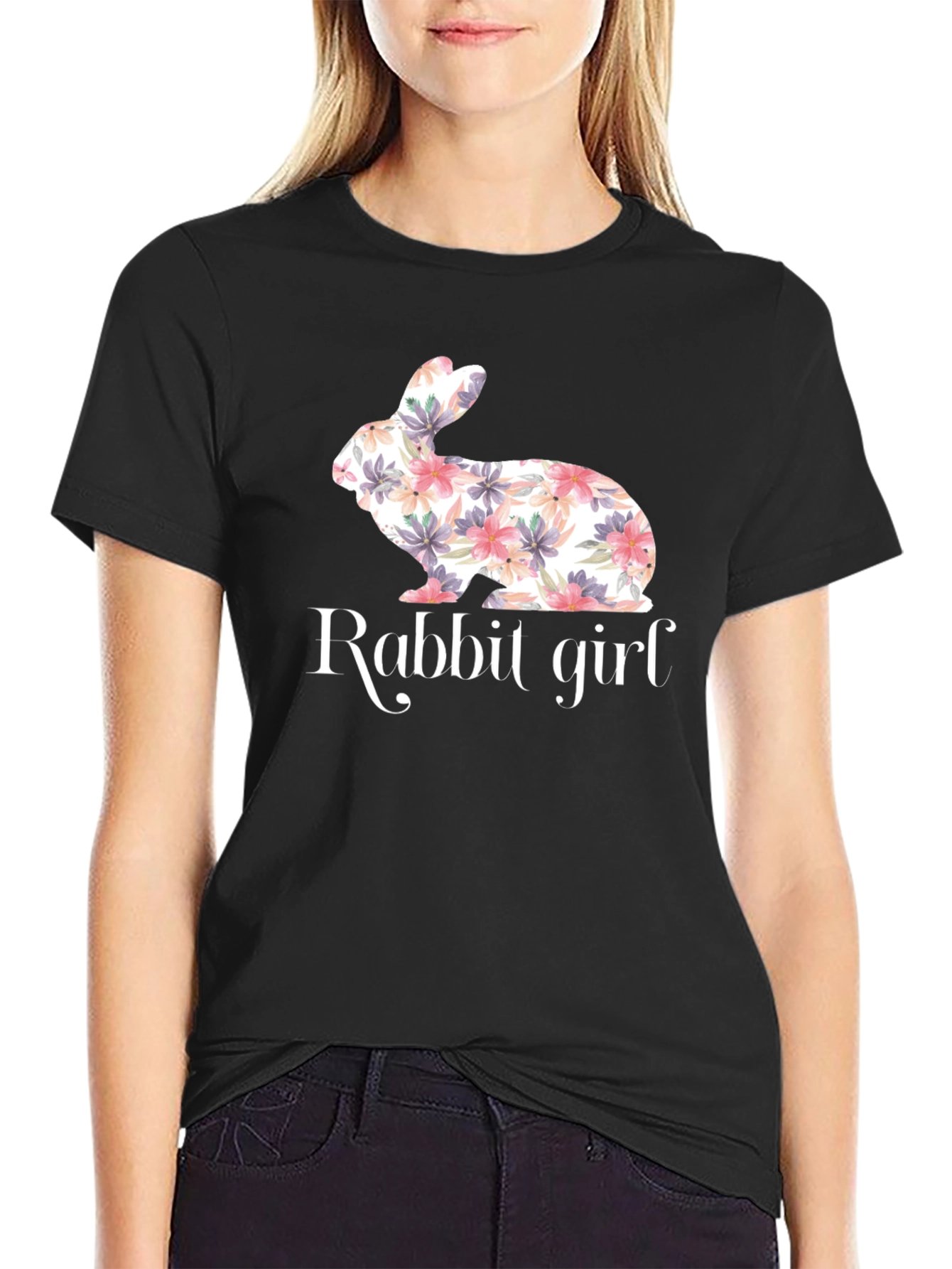 Floral Rabbit Girl T-Shirt - Cute Bunny Tee