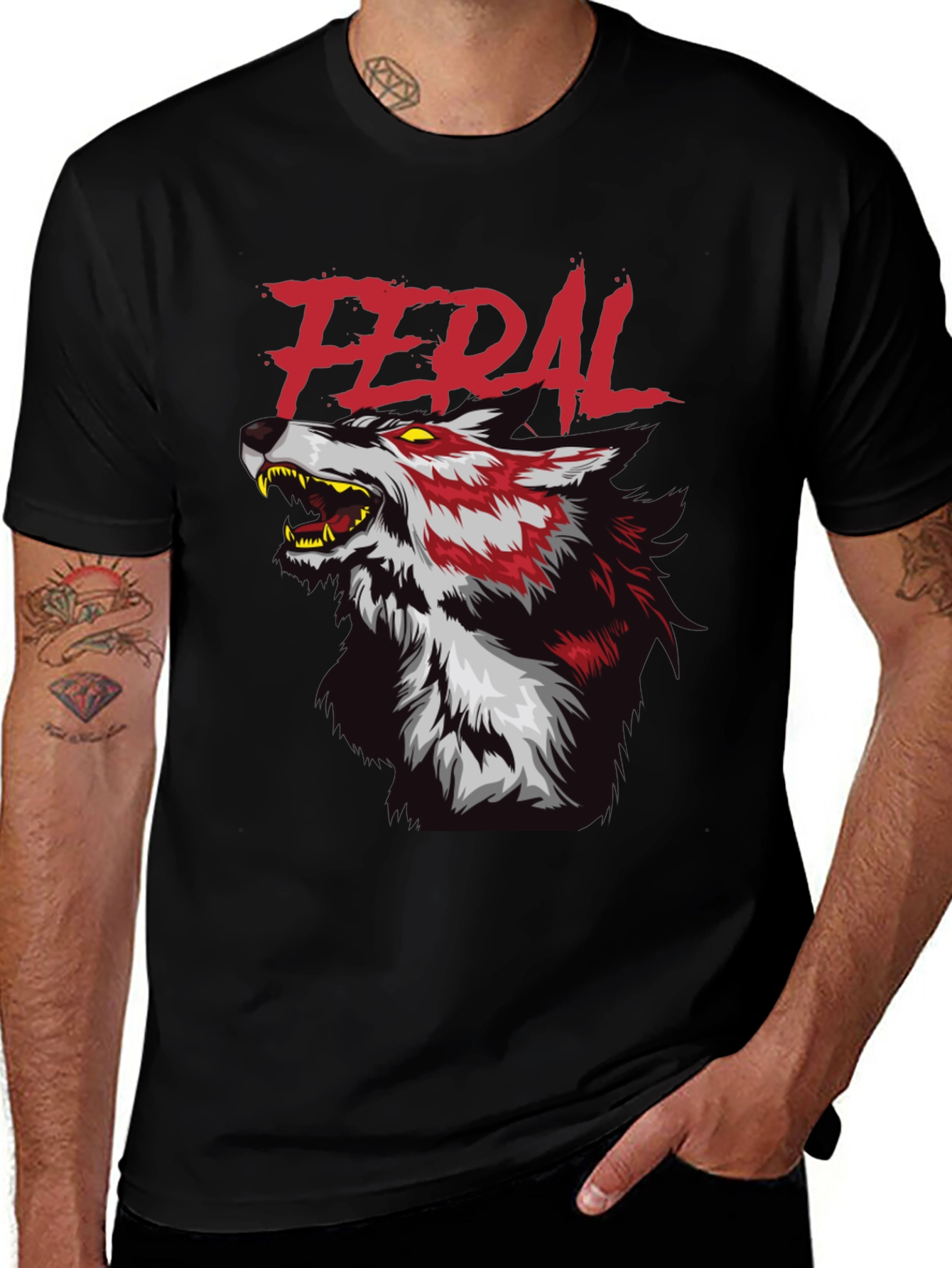 Feral Wolf Graphic Tee - Black Cotton T-Shirt
