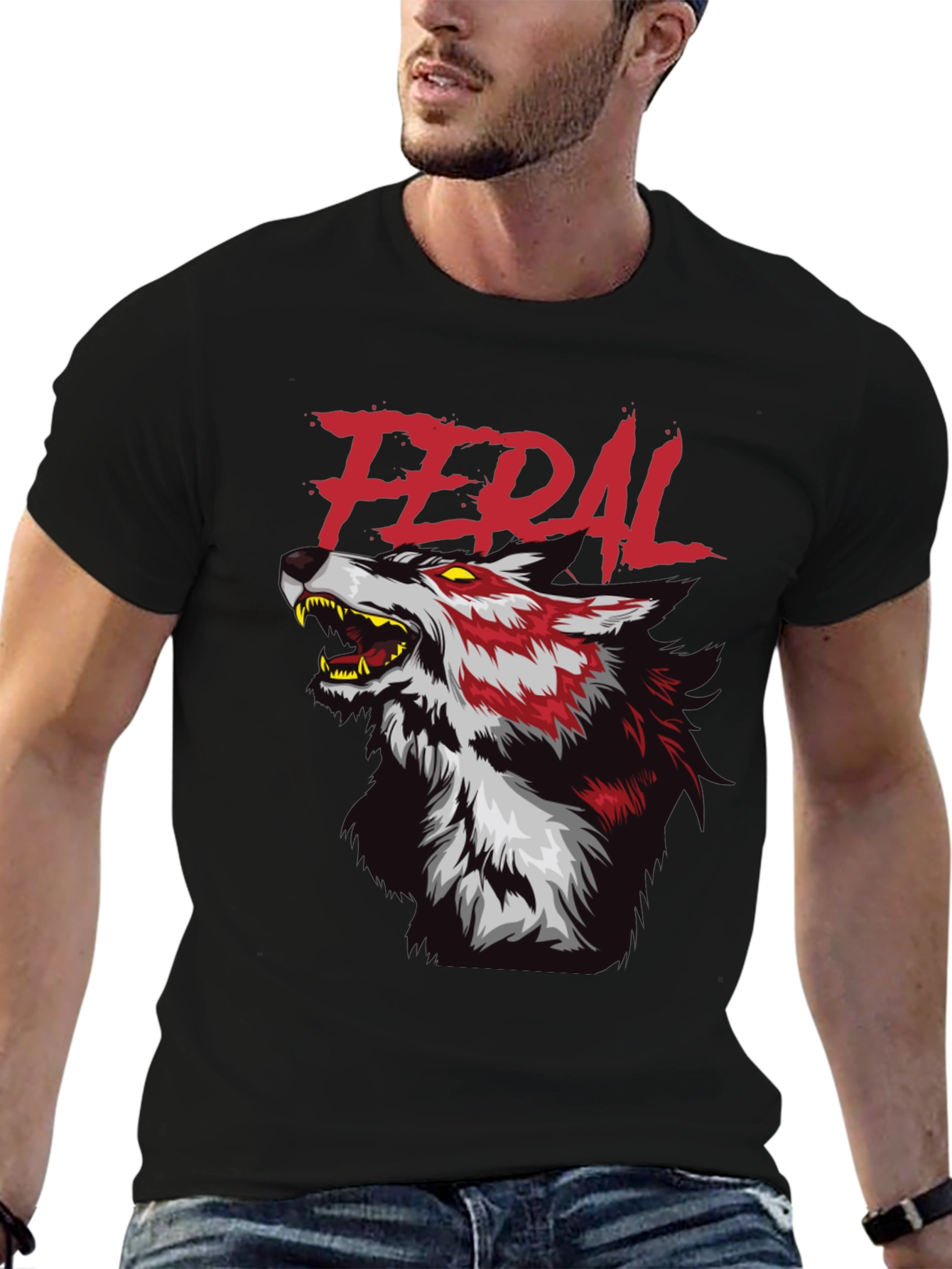 Feral Wolf Graphic Tee - Black Cotton T-Shirt