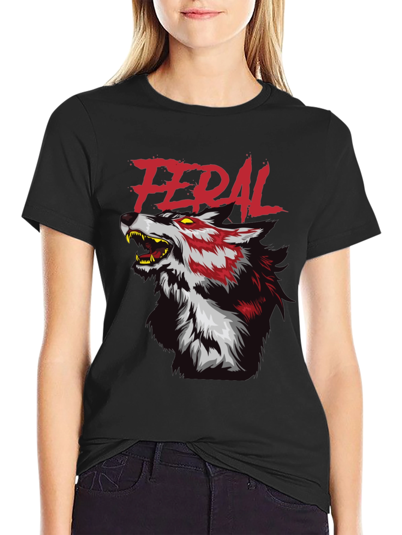 Feral Wolf Graphic Tee - Black Cotton T-Shirt