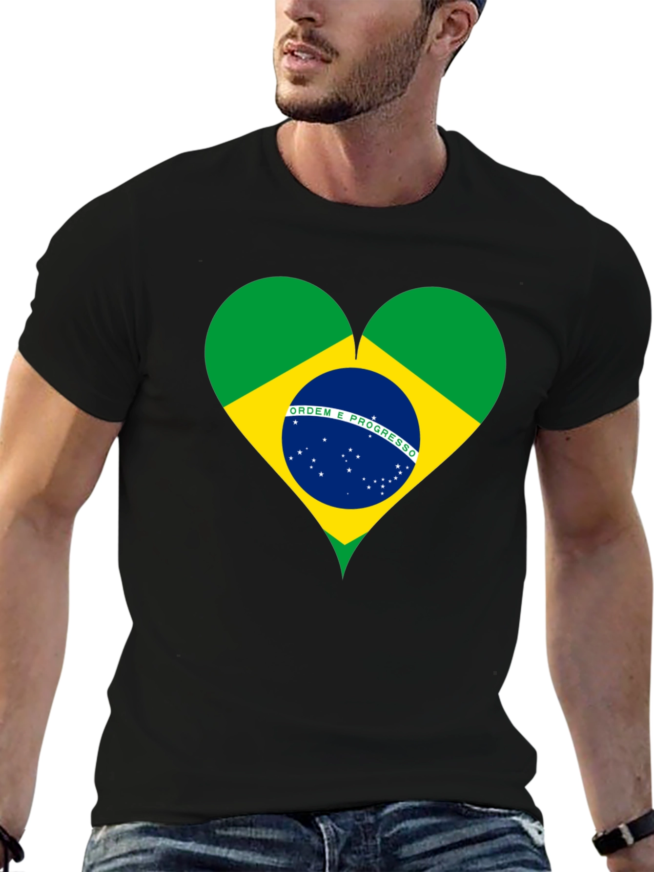 Brazil Flag Heart Graphic Tee - Black Cotton T-Shirt