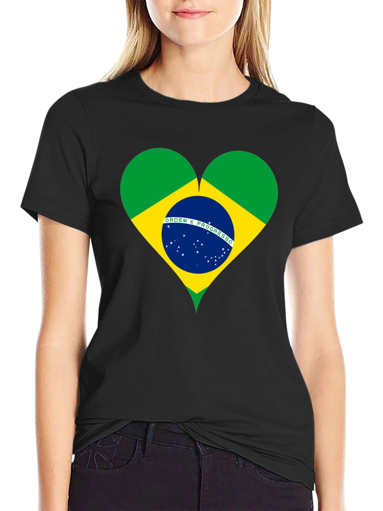 Brazil Flag Heart Graphic Tee - Black Cotton T-Shirt