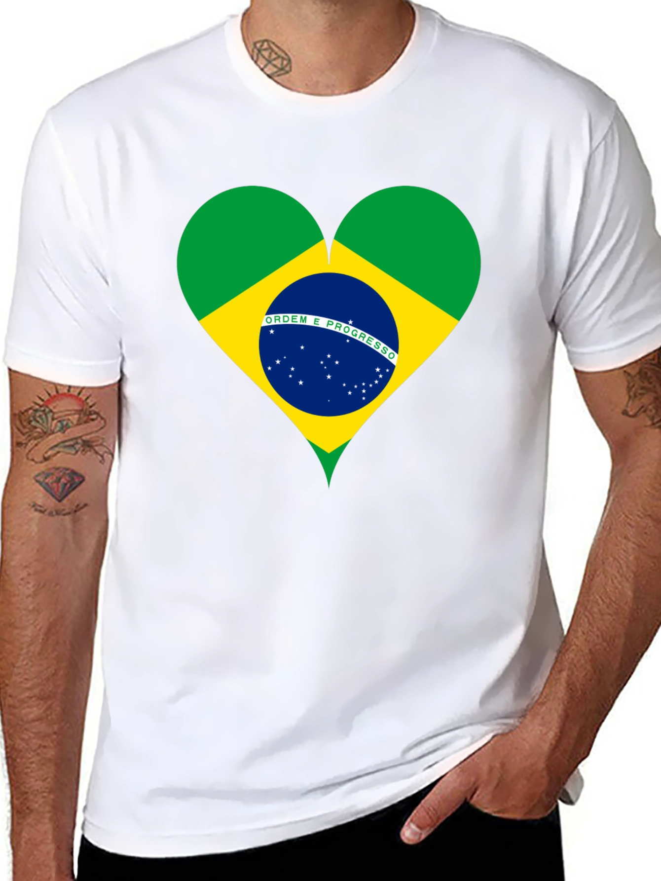 Brazil Flag Heart Graphic Tee - Black Cotton T-Shirt