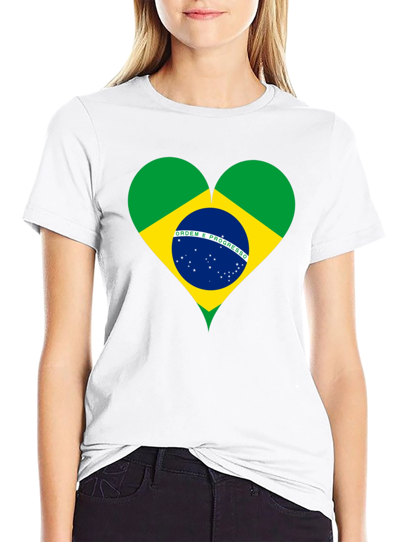 Brazil Flag Heart Graphic Tee - Black Cotton T-Shirt