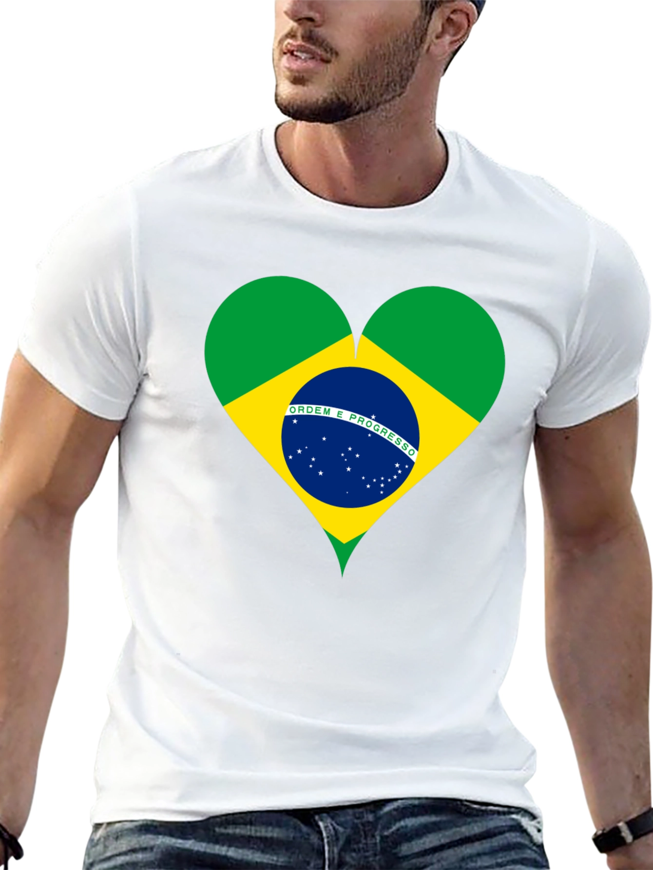 Brazil Flag Heart Graphic Tee - Black Cotton T-Shirt
