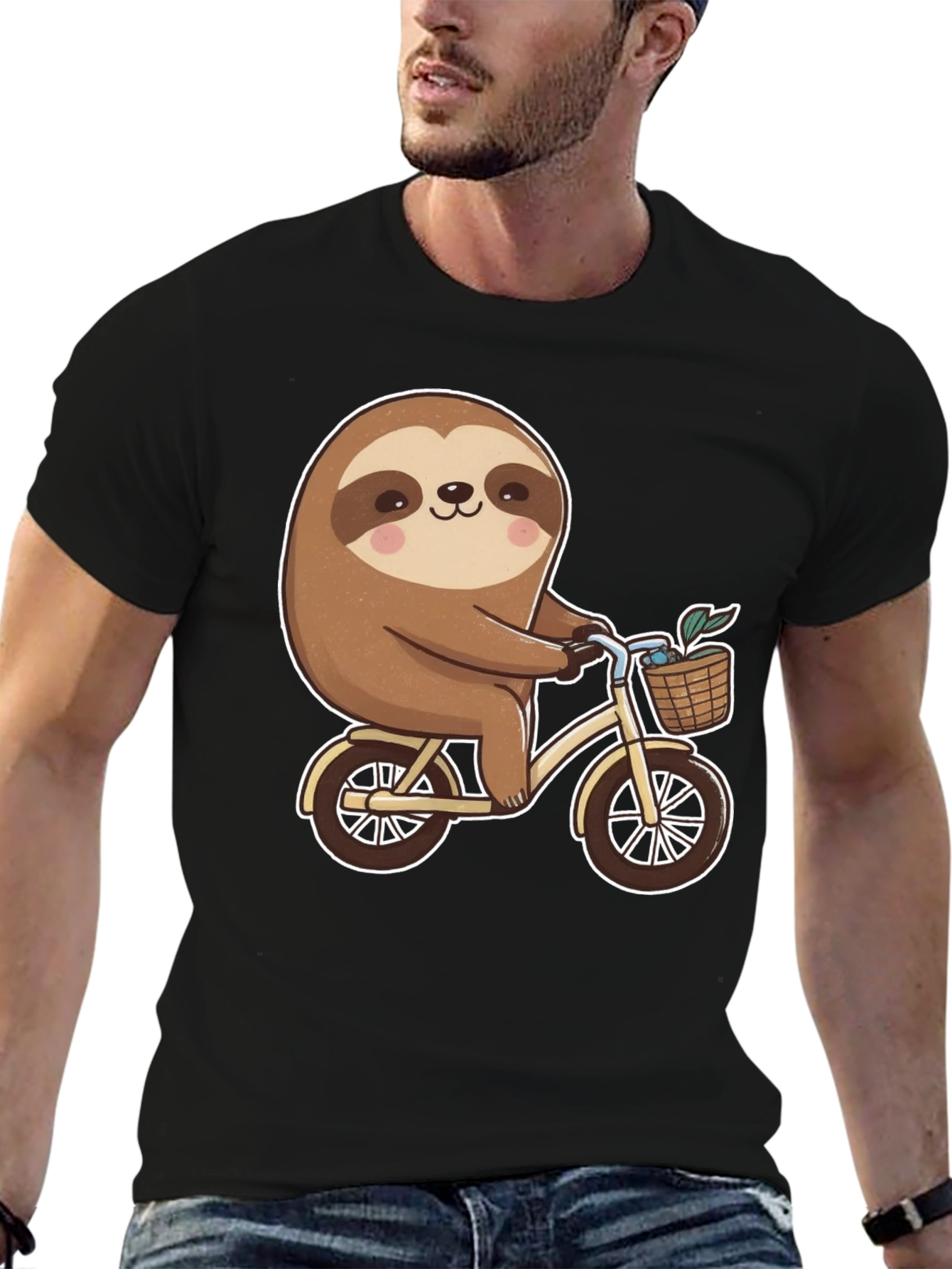 Sloth Riding Bicycle Graphic T-Shirt Black Tee