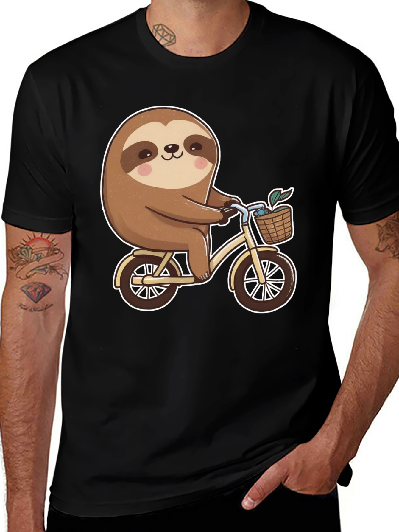 Sloth Riding Bicycle Graphic T-Shirt Black Tee