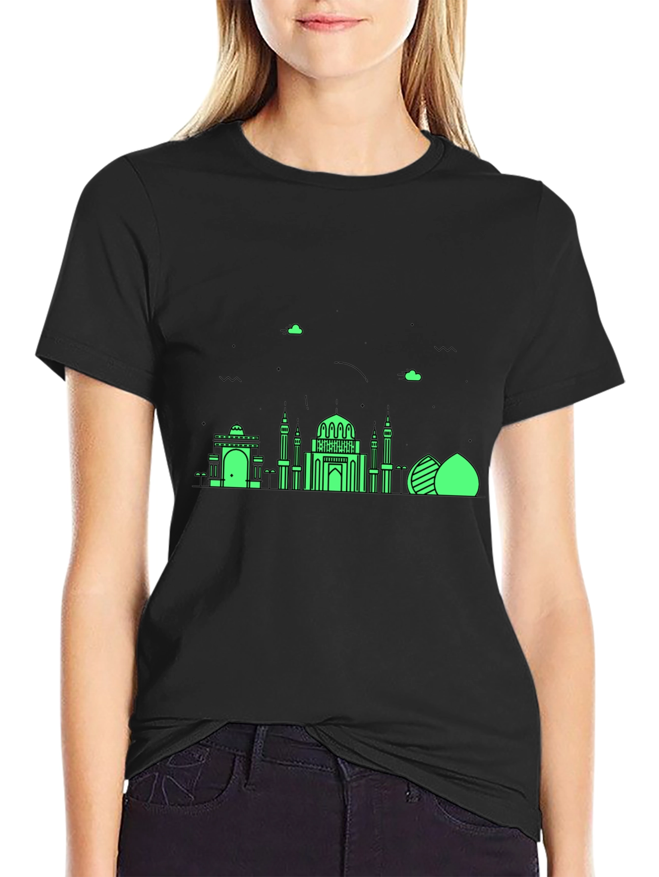 Black T-Shirt with Green Architectural Design