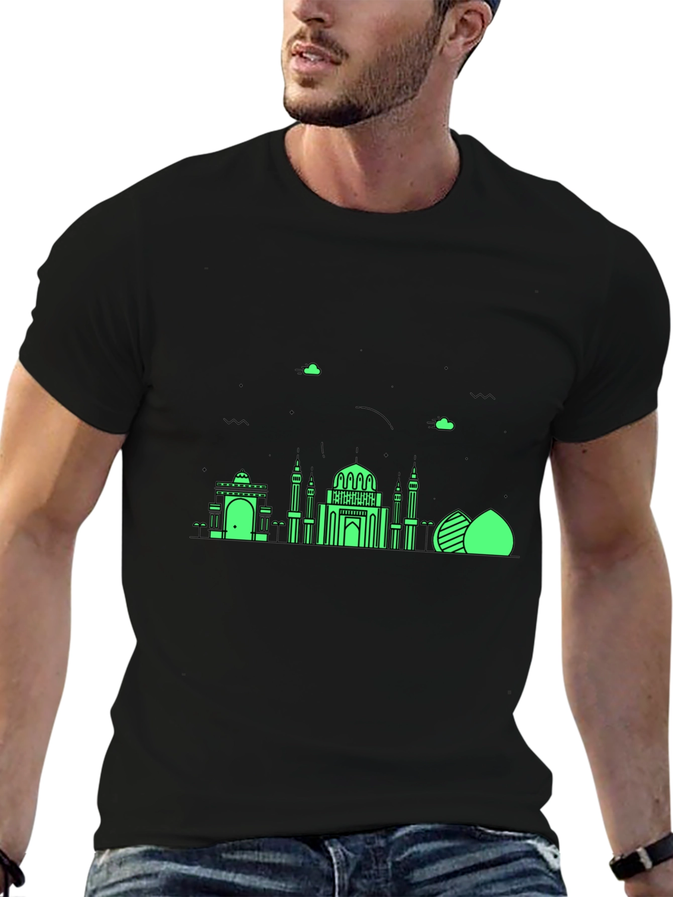Black T-Shirt with Green Architectural Design