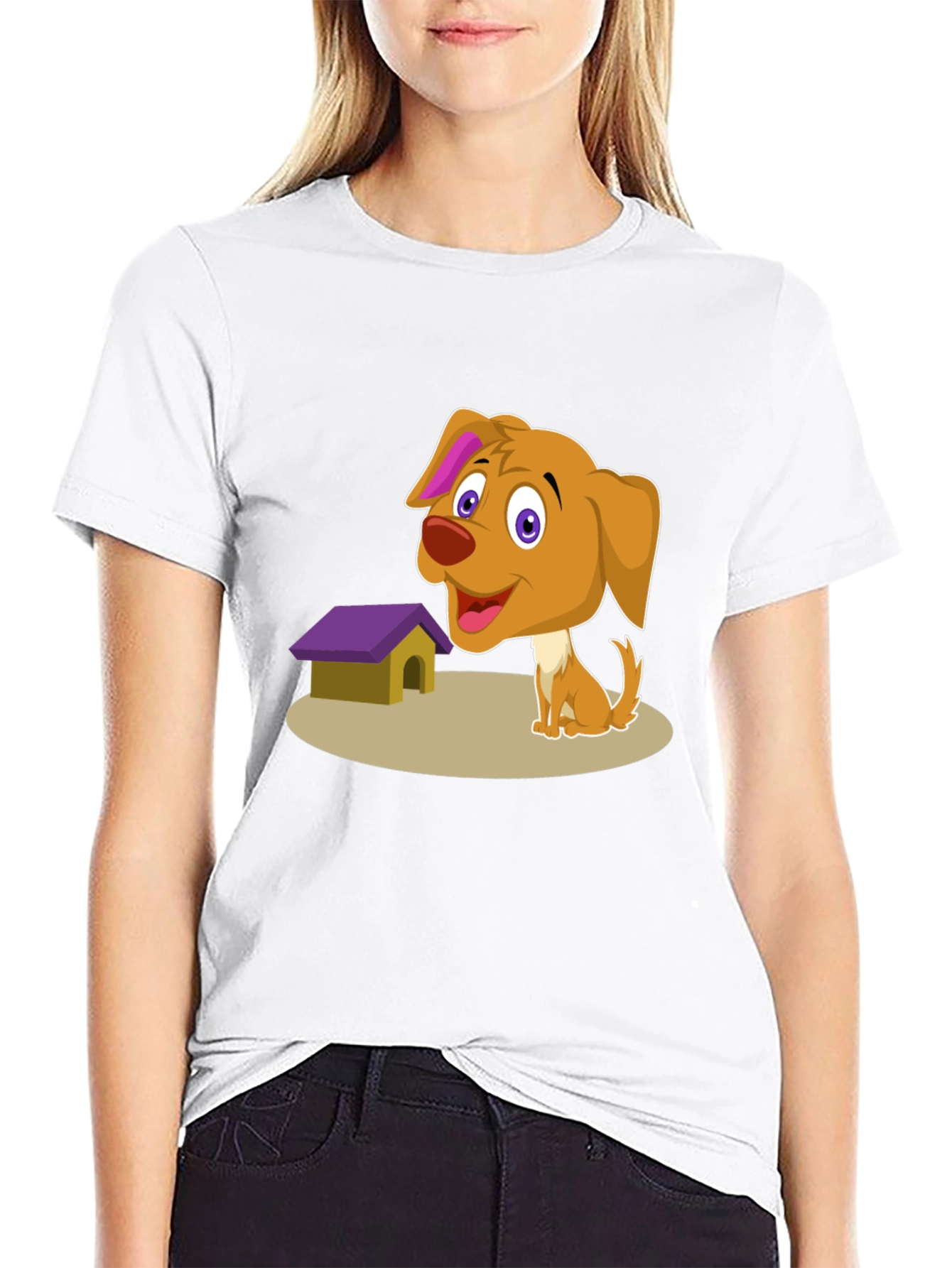 Cartoon Dog & Doghouse T-Shirt - Black
