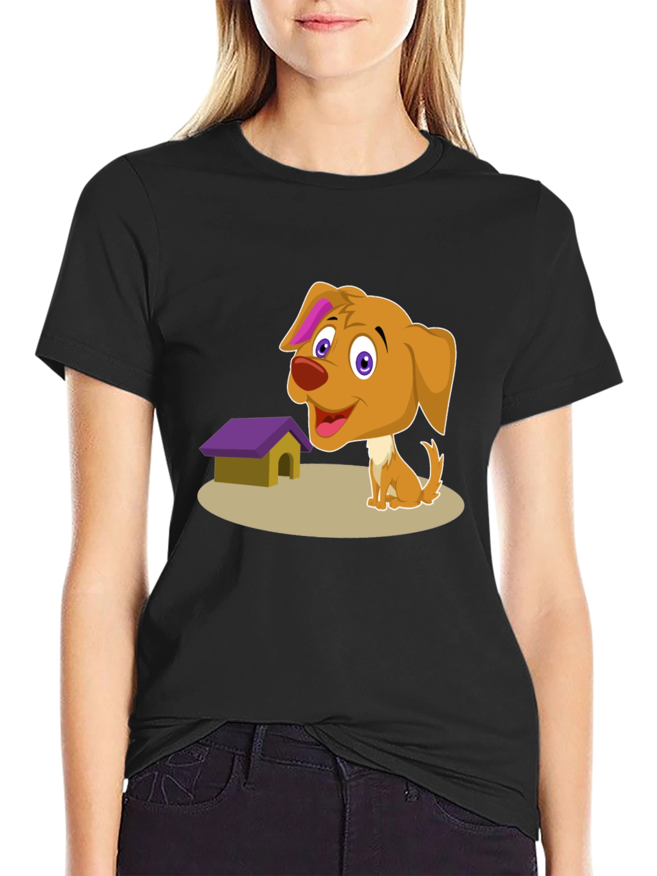 Cartoon Dog & Doghouse T-Shirt - Black