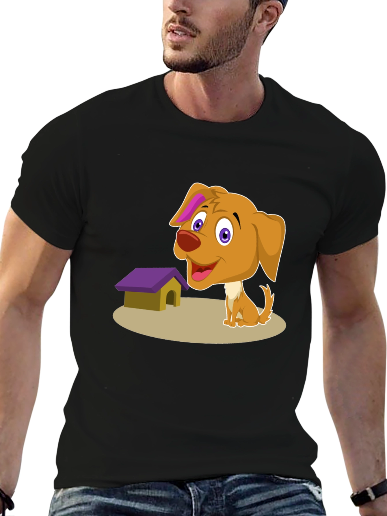 Cartoon Dog & Doghouse T-Shirt - Black