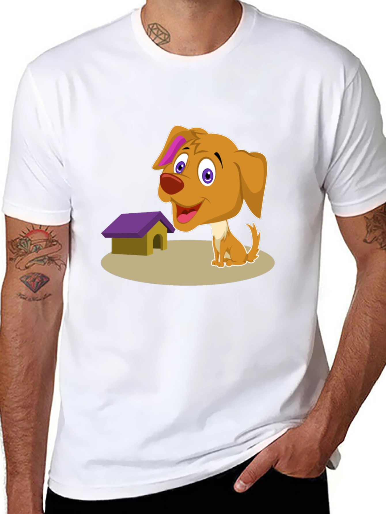 Cartoon Dog & Doghouse T-Shirt - Black