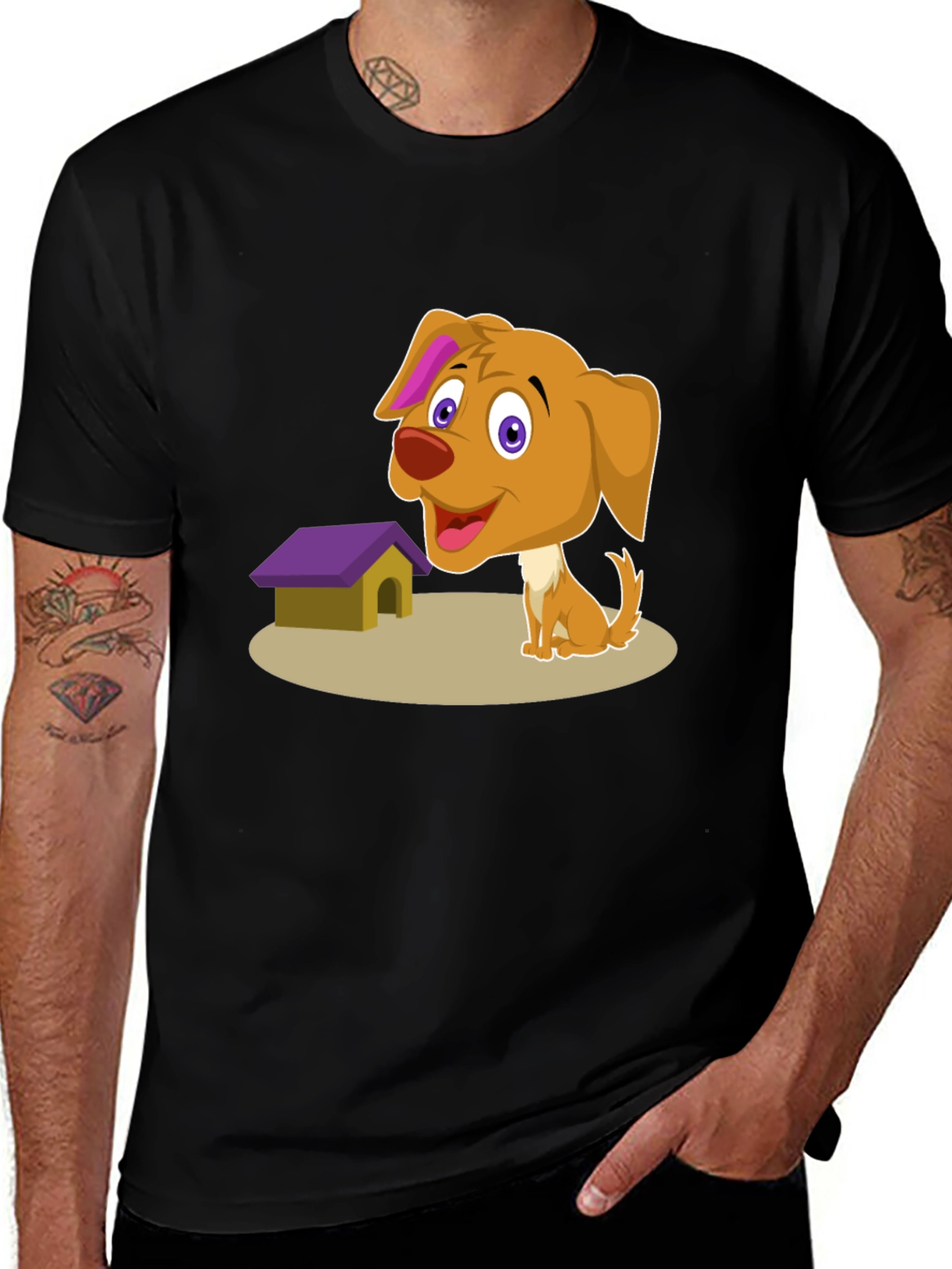 Cartoon Dog & Doghouse T-Shirt - Black