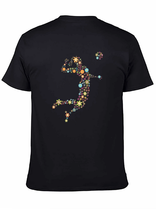 Floral Volleyball Player Graphic Tee - Black Cotton Shirt