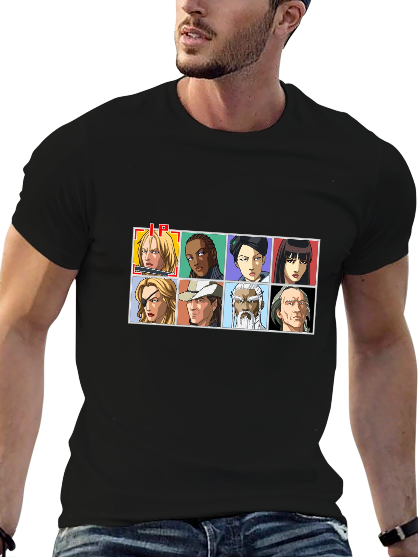 Anime Character Grid Black T-Shirt