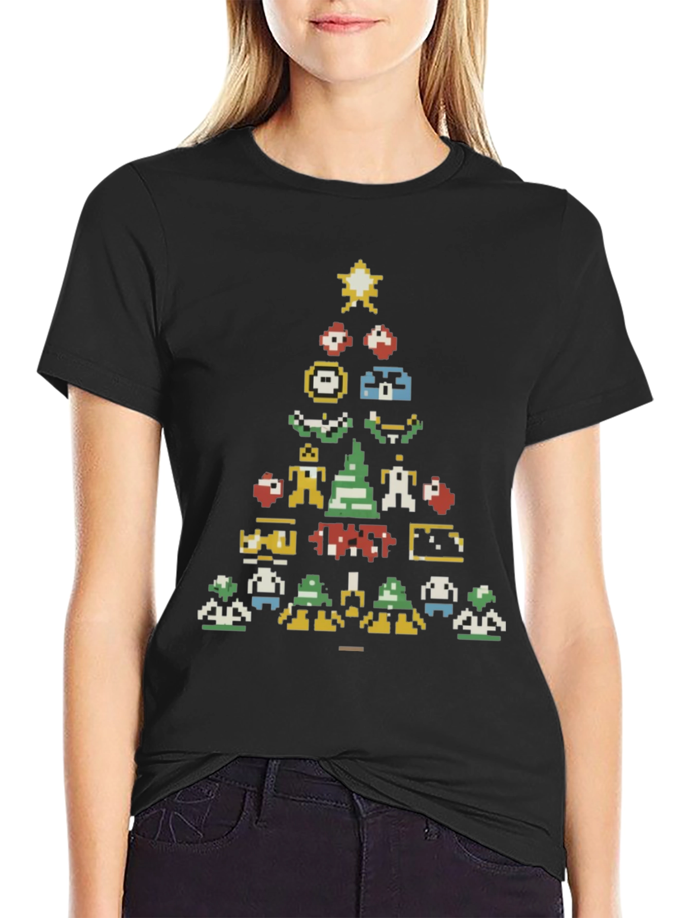 Retro Gaming Christmas Tree Black T-Shirt