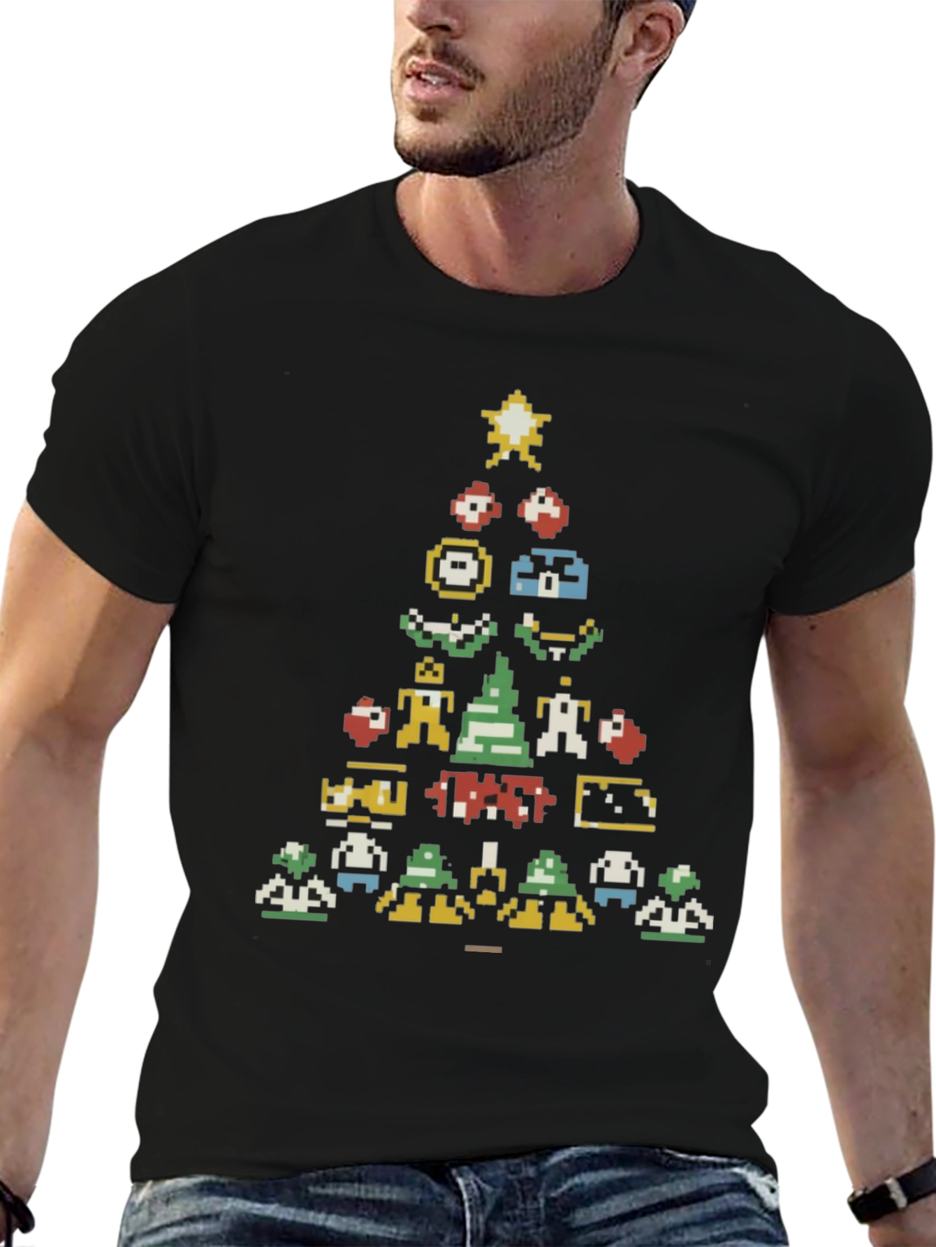 Retro Gaming Christmas Tree Black T-Shirt