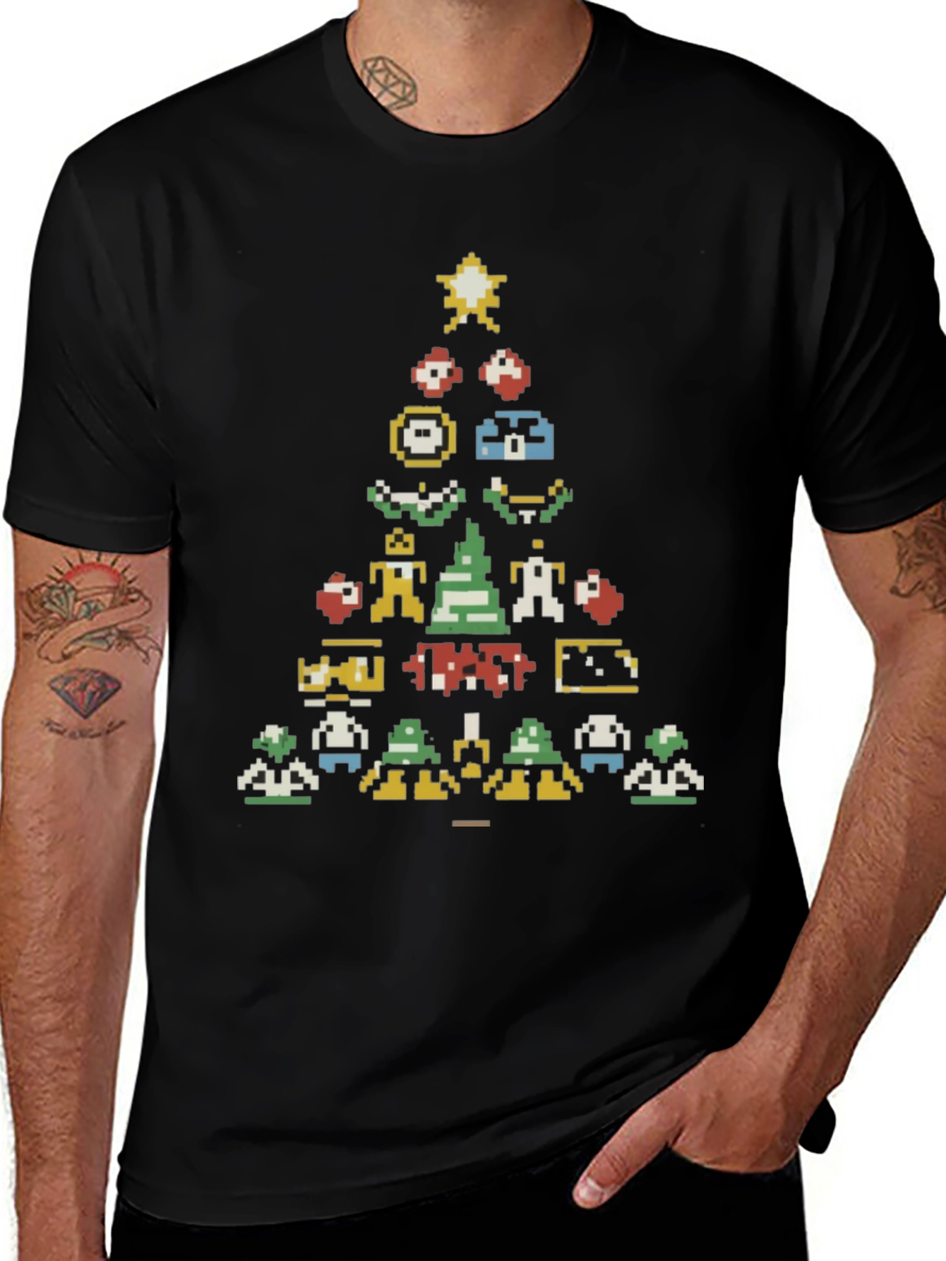 Retro Gaming Christmas Tree Black T-Shirt