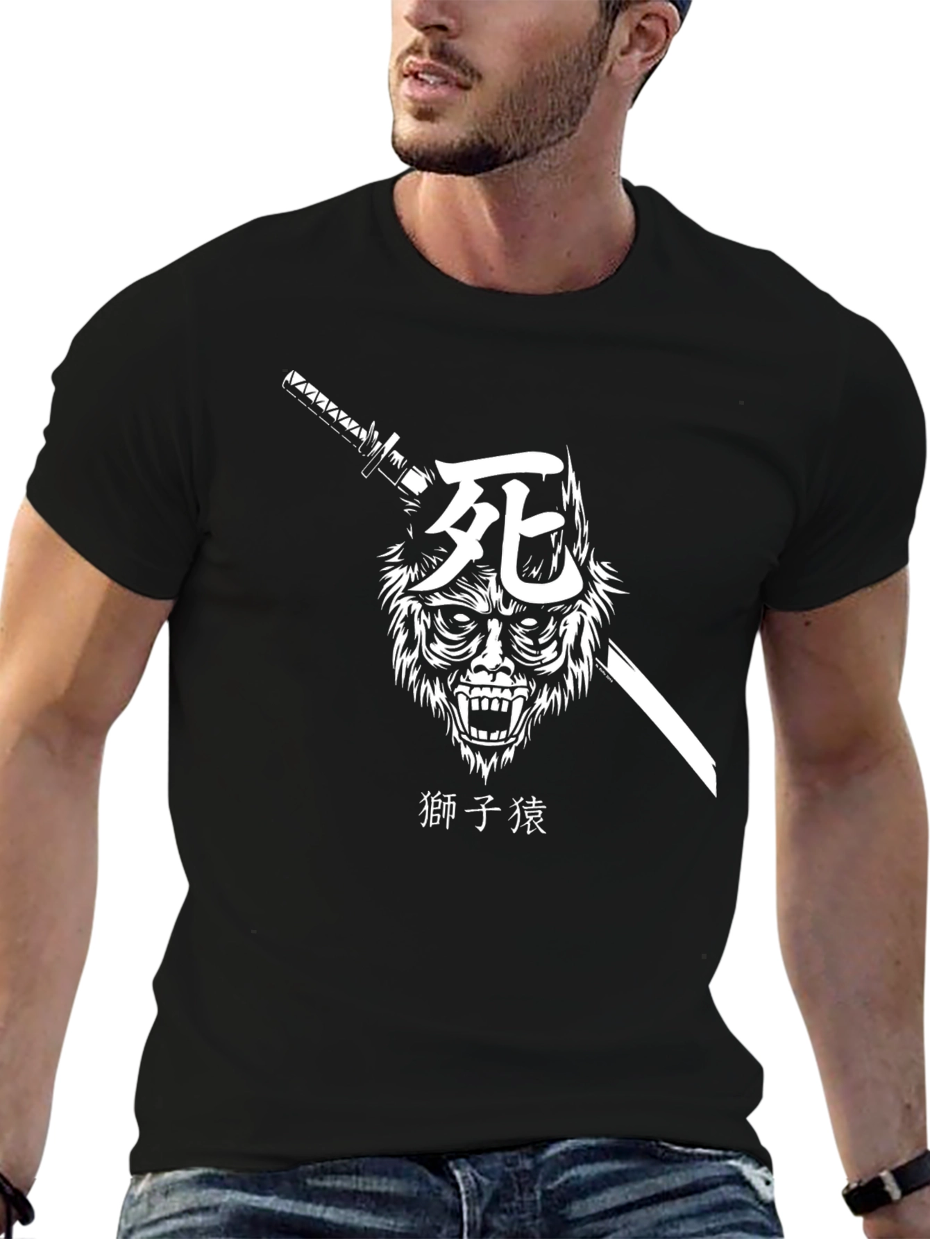 Samurai Wolf Graphic Tee - Black Cotton T-Shirt