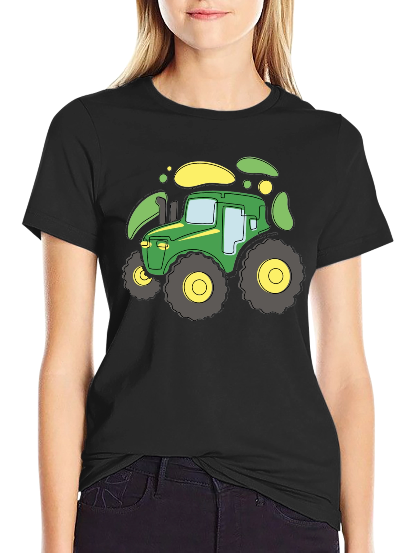 Cartoon Tractor Graphic T-Shirt - Black