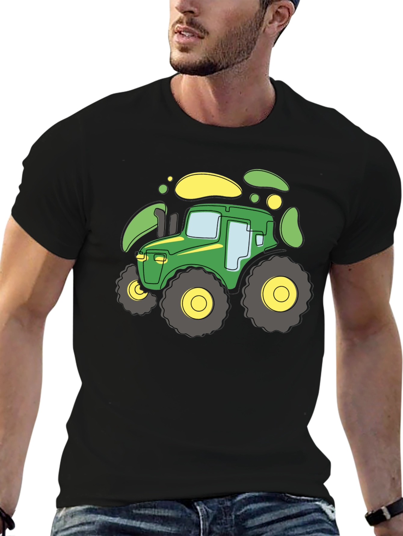 Cartoon Tractor Graphic T-Shirt - Black