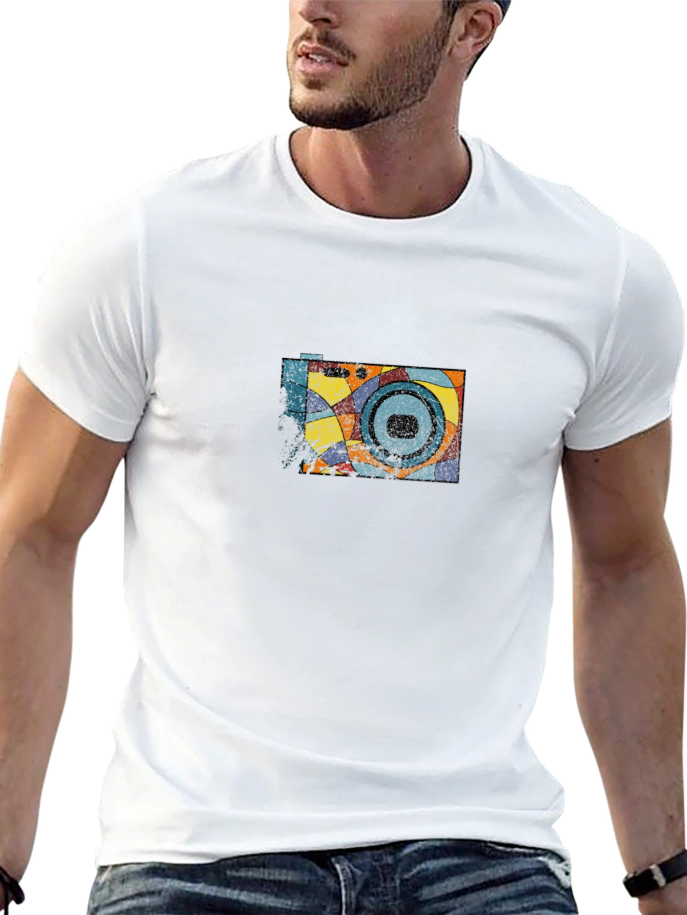 Retro Camera Graphic Tee - Black Cotton Casual Shirt
