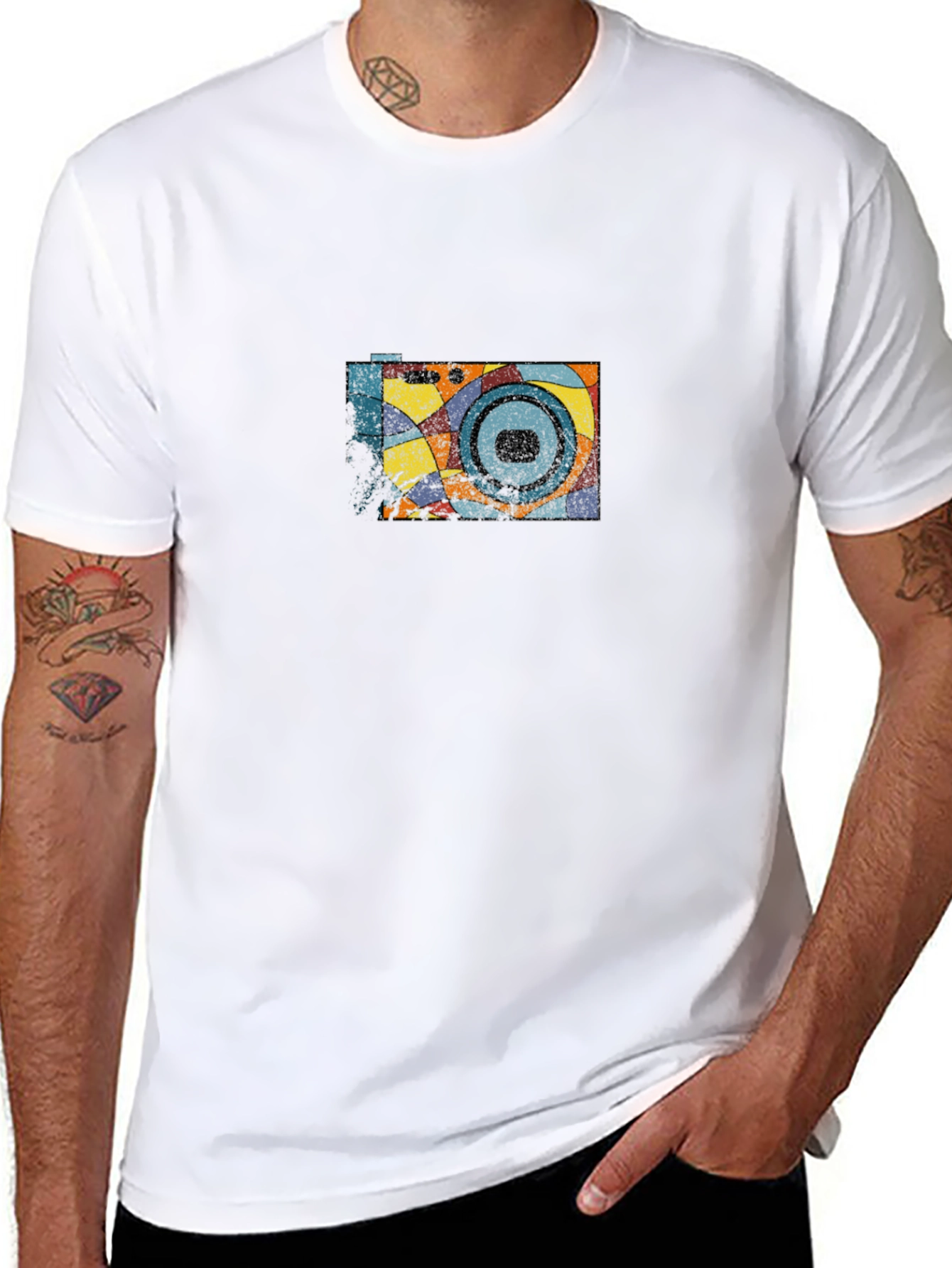 Retro Camera Graphic Tee - Black Cotton Casual Shirt