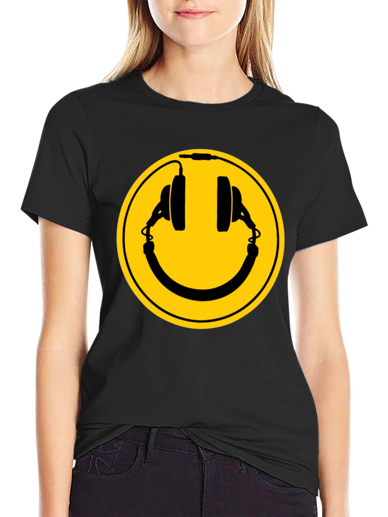 Smiley Headphones Black T-Shirt