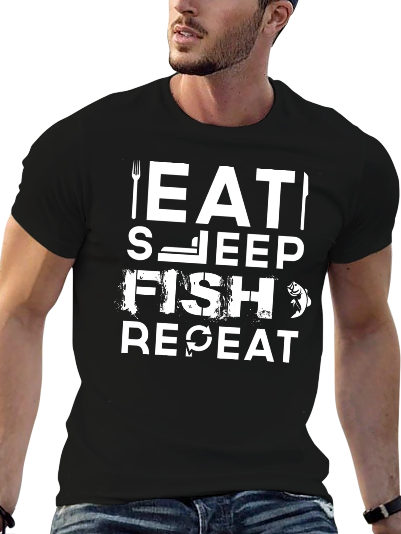 Eat Sleep Fish Repeat Graphic T-Shirt - Black