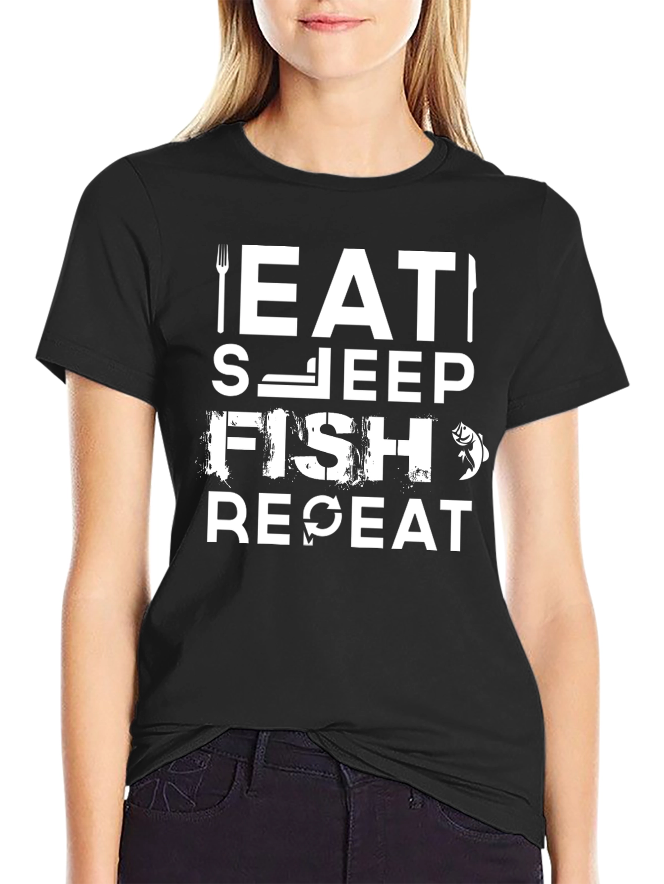 Eat Sleep Fish Repeat Graphic T-Shirt - Black
