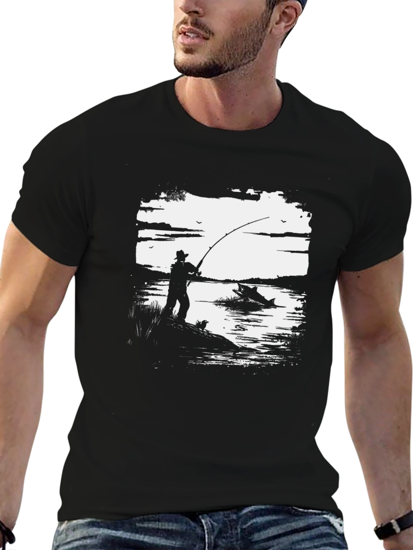Fishing Graphic Tee - Black Cotton Shirt