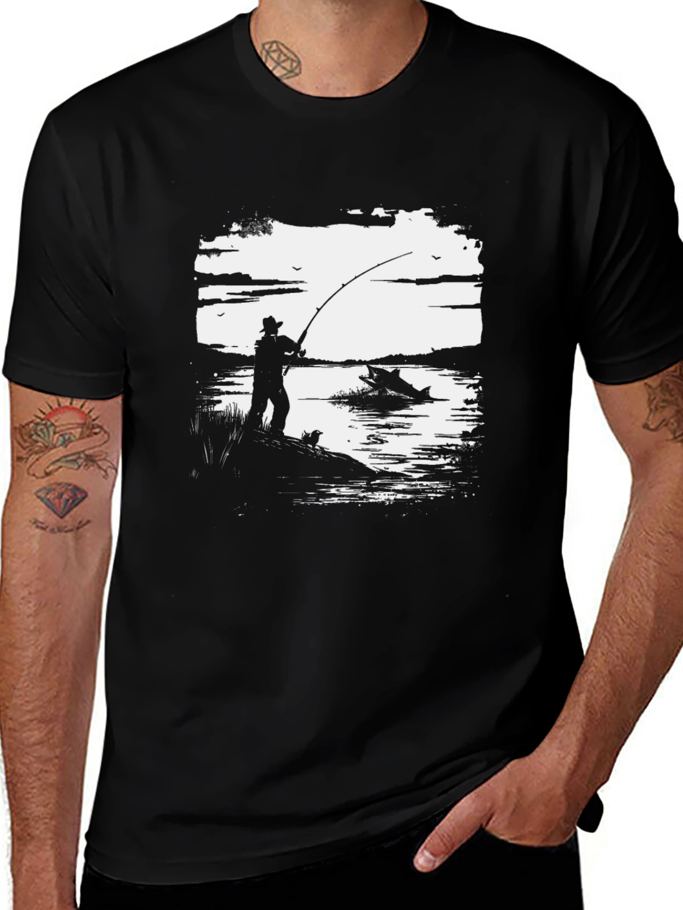 Fishing Graphic Tee - Black Cotton Shirt