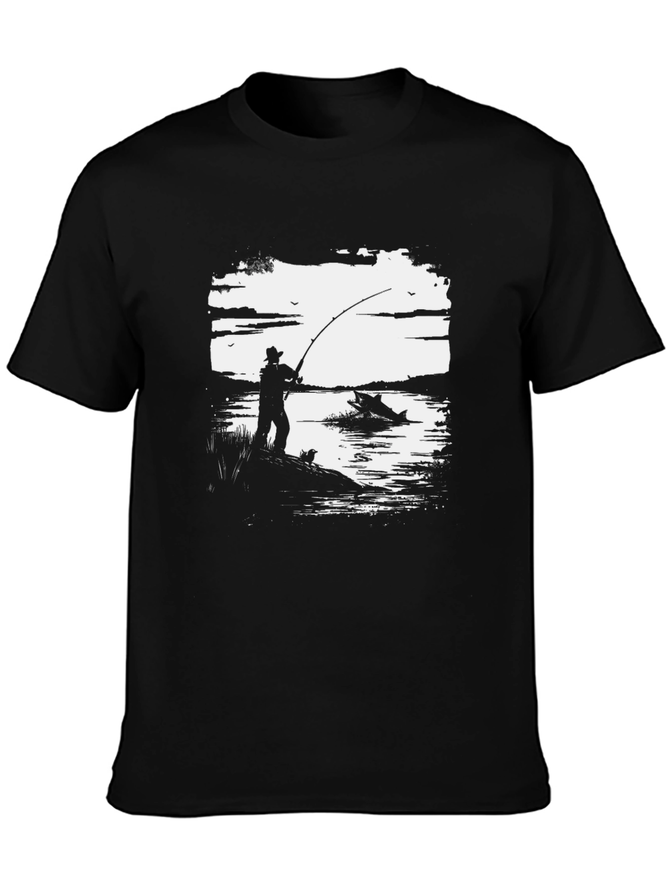 Fishing Graphic Tee - Black Cotton Shirt